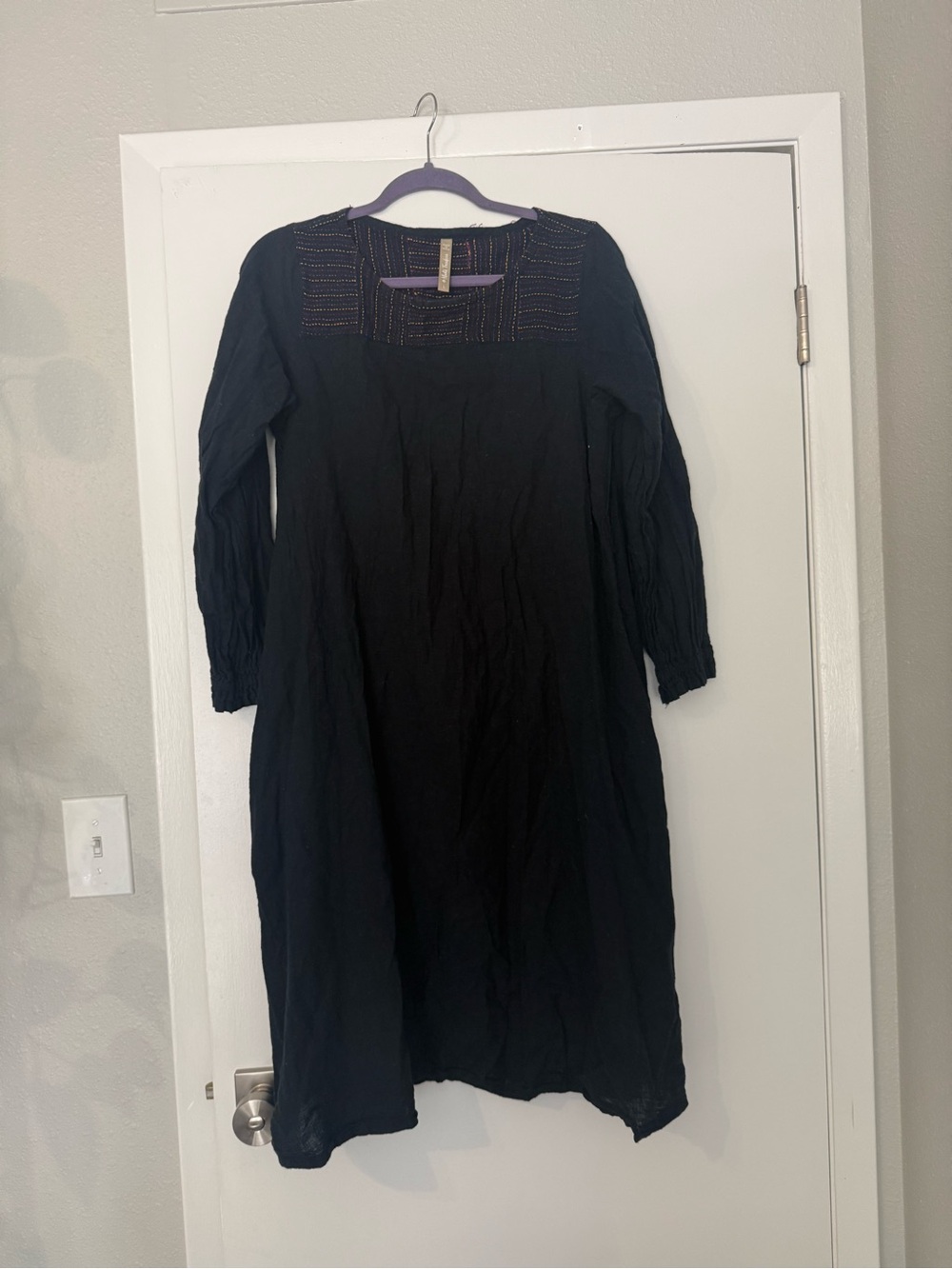Mata Traders Navy Long Sleeve Embroidered Yoke Midi Dress